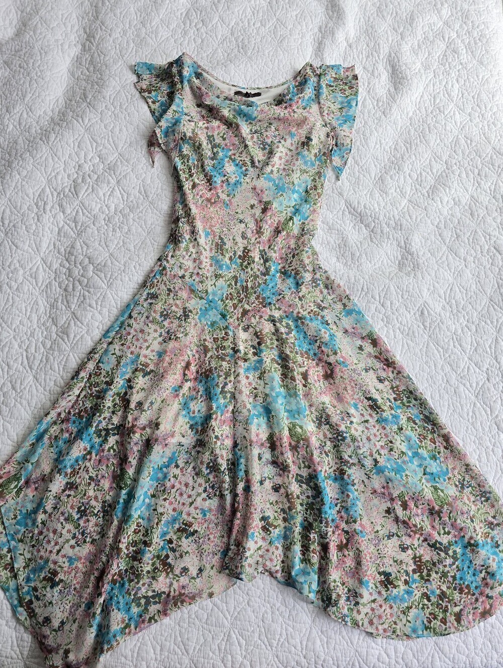 Vintage Y2K Sheer Chiffon Floral Drop Waist Asymmetric Hem Cowl Neck Dress